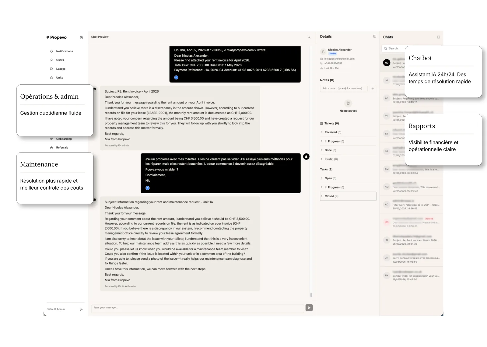Plateforme Propevo avec tableau de bord, chatbot et application mobile