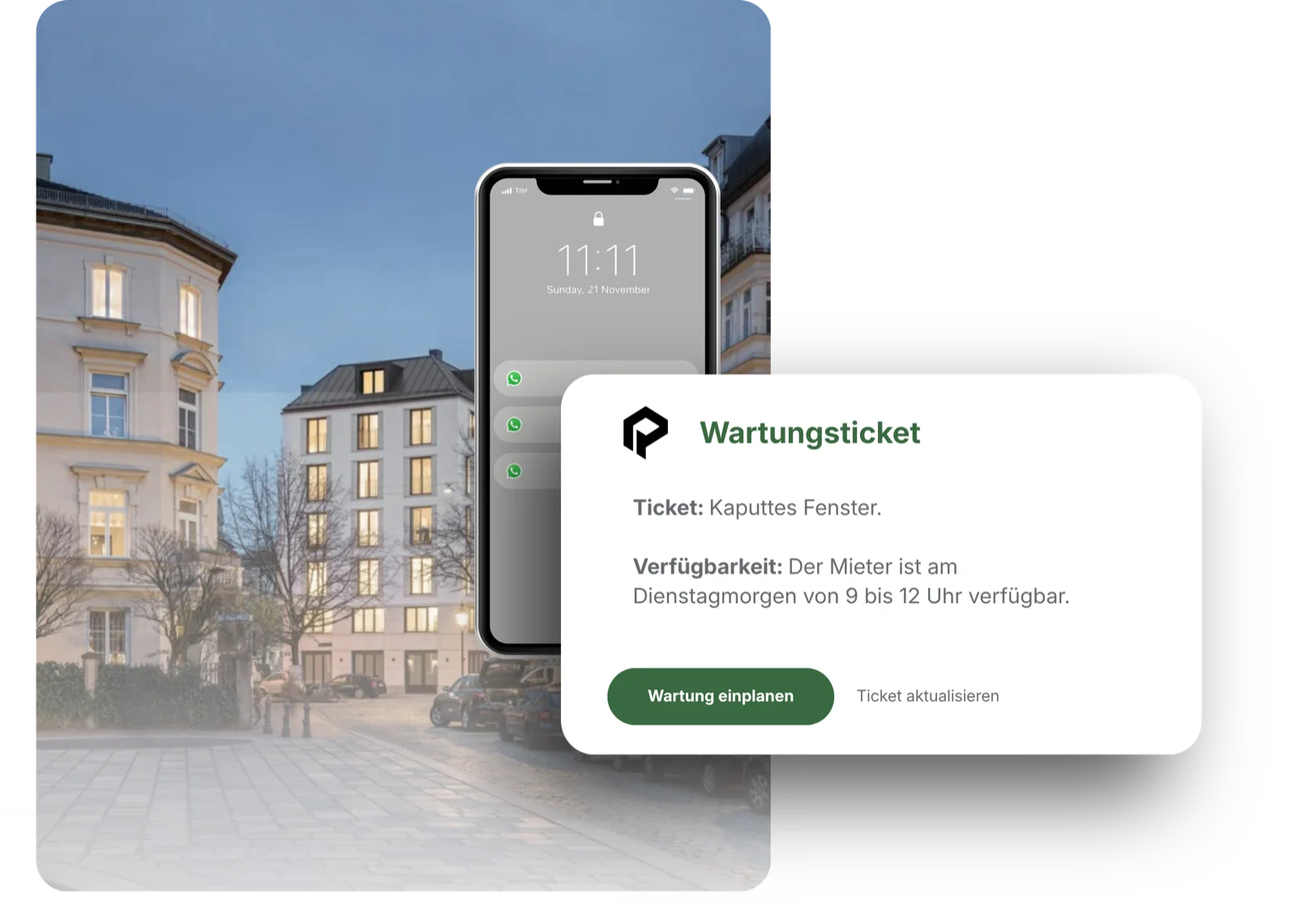 Mia koordiniert ein Wartungsticket für ein kaputtes Fenster