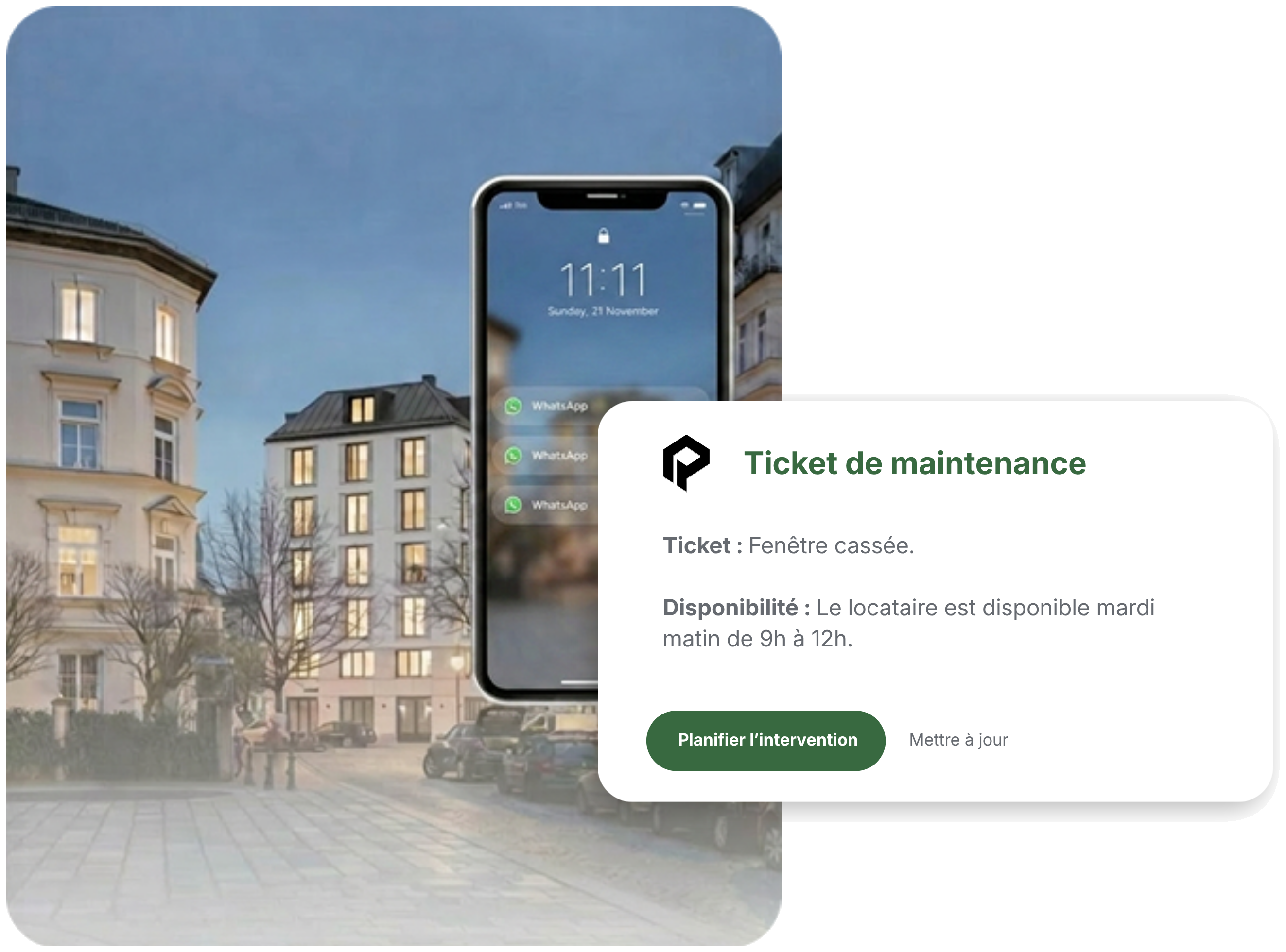 Mia coordonne un ticket de maintenance pour une fenêtre cassée