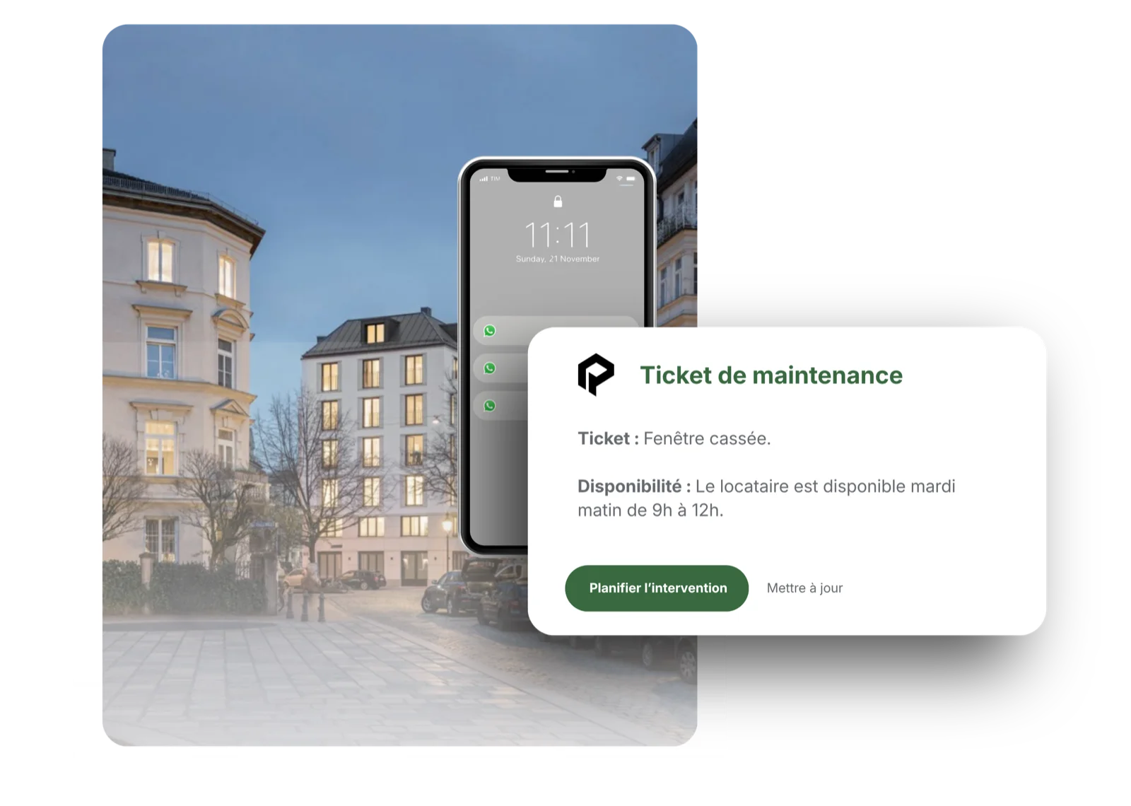 Mia coordonne un ticket de maintenance pour une fenêtre cassée