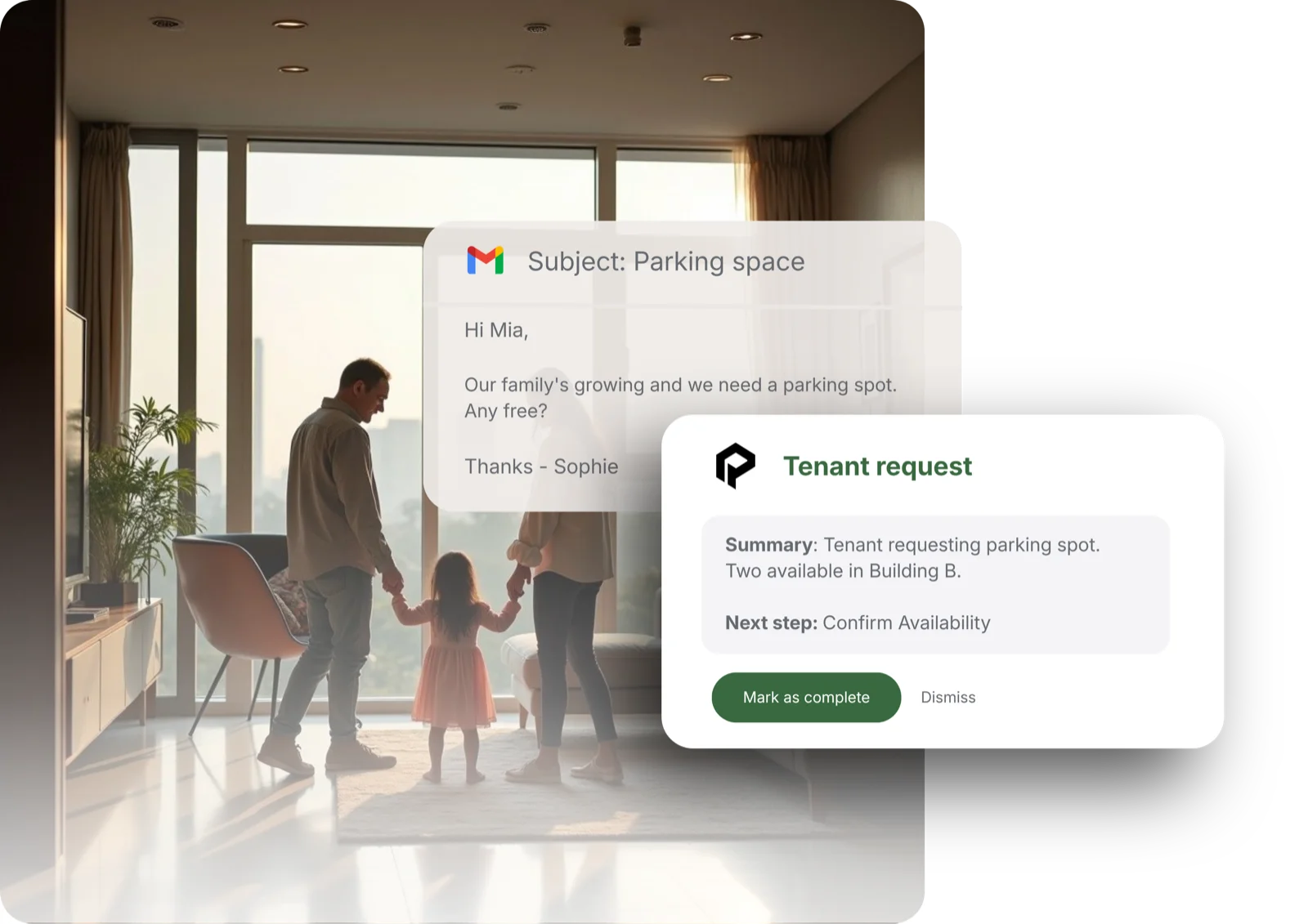 Mia handling a tenant request while a family enjoys their home