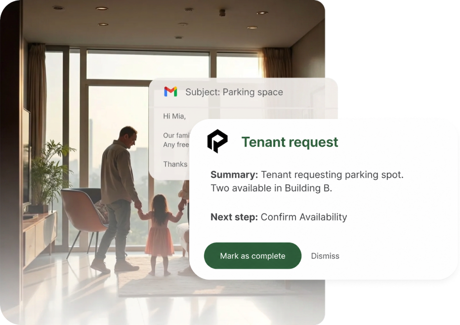 Mia handling a tenant request while a family enjoys their home